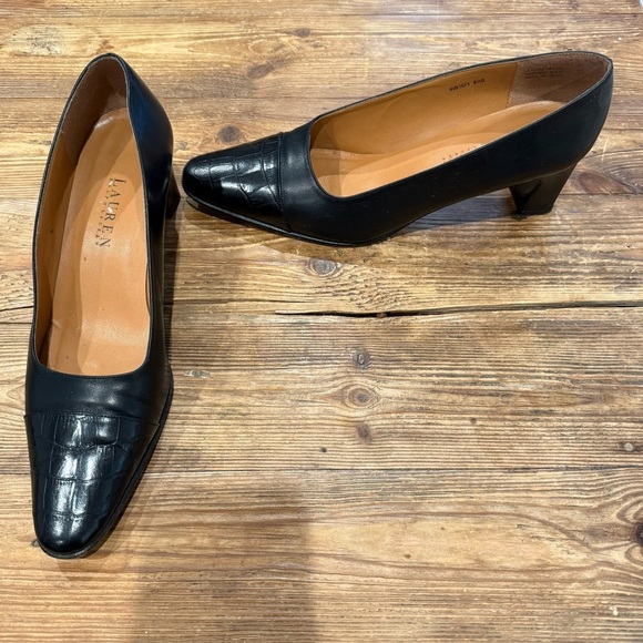 Lauren Ralph Lauren Shoes - Ralph Lauren Classic Leather Croc Embossed Black 2" Heels 8.5‎ Made in Spain EUC